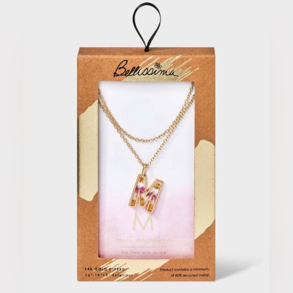 NWT Bellissima 14K Gold Dipped Flower Pressed Initial "M" Multi-Strand Necklace